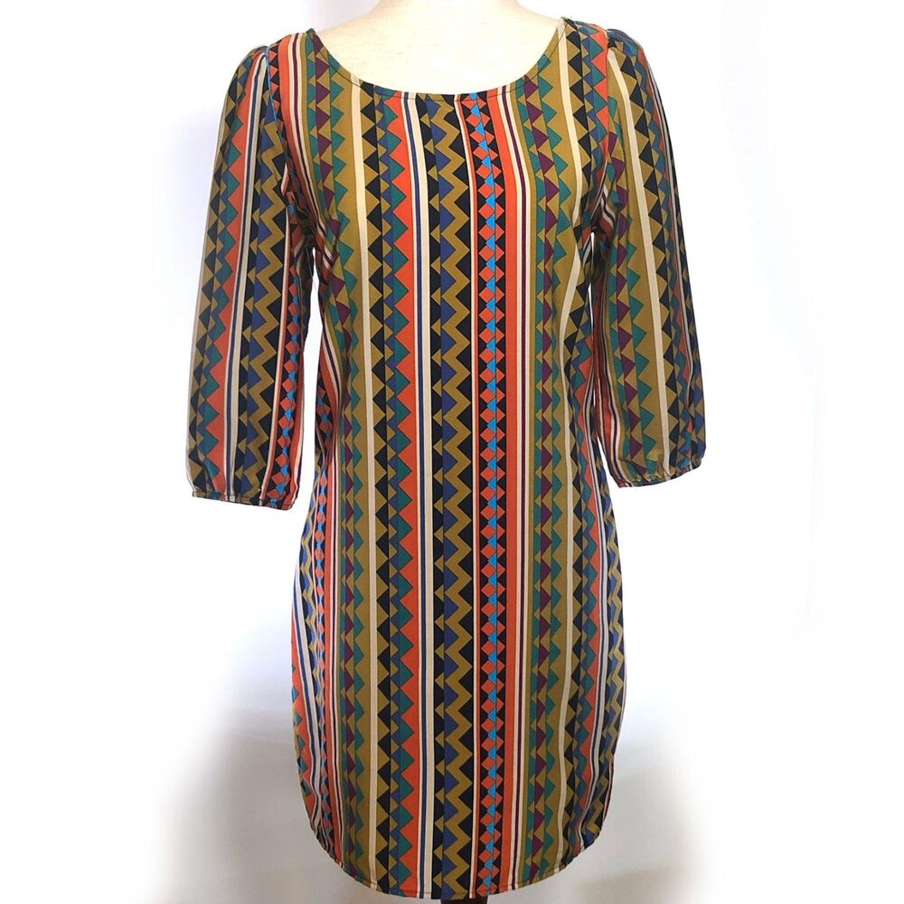 Anthropologie Geometric Orange Mini Shift Dress Size S